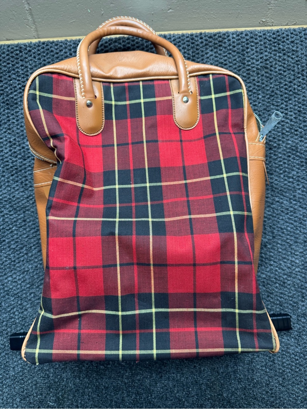 Vintage Plaid Red Canvas & Tan Leather  Bag